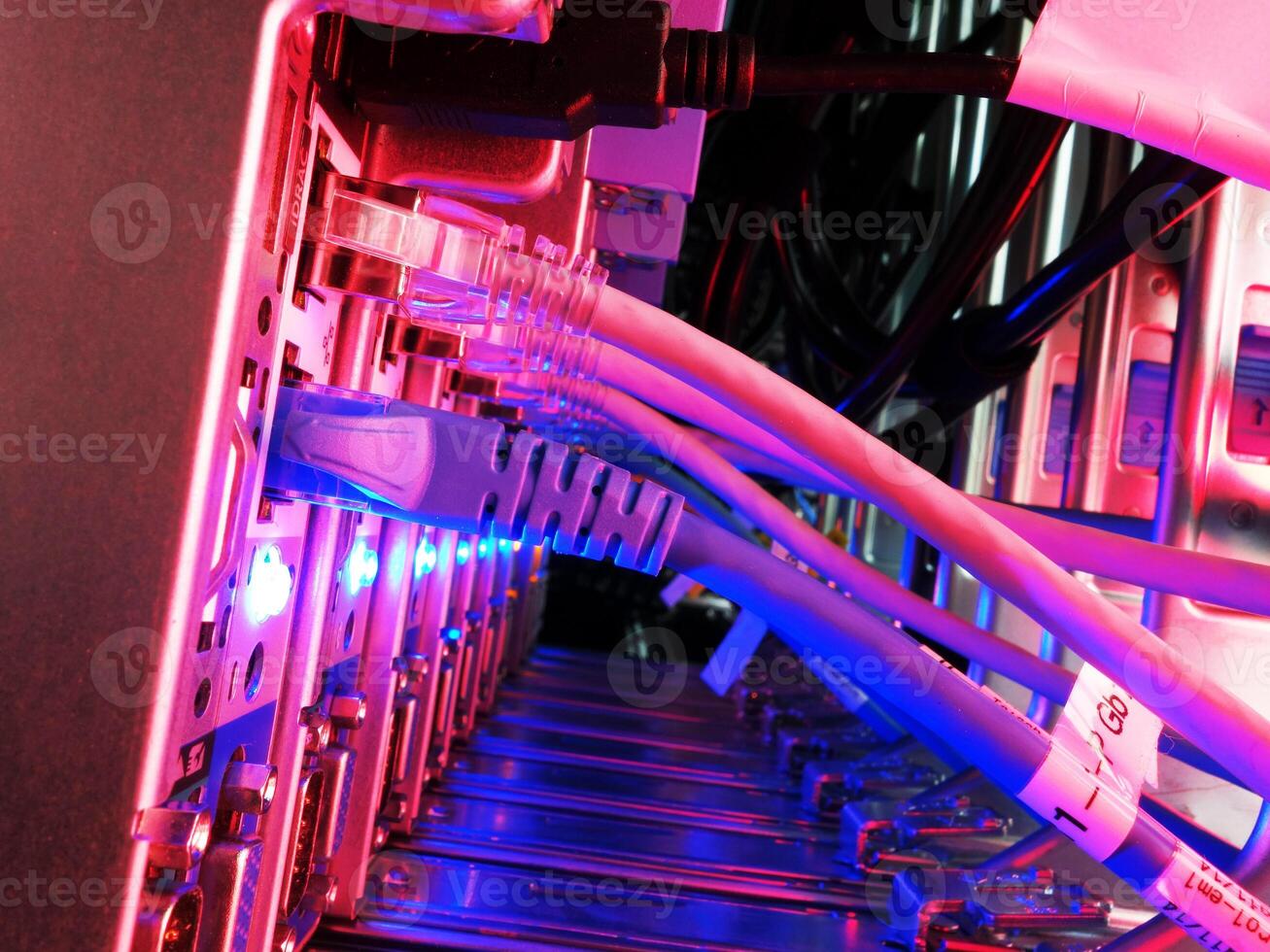 A row of computer cables and wires in a rack photo