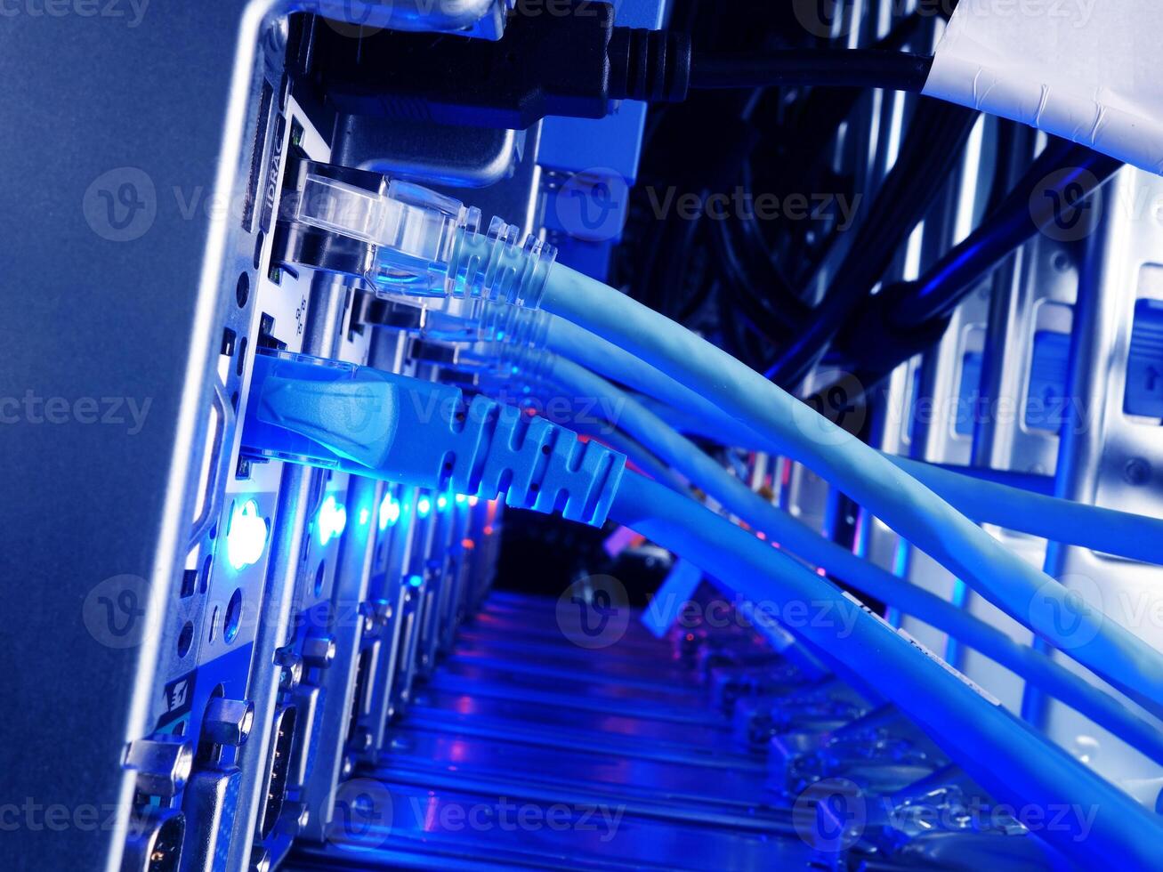 A close up of a network server with blue cables photo