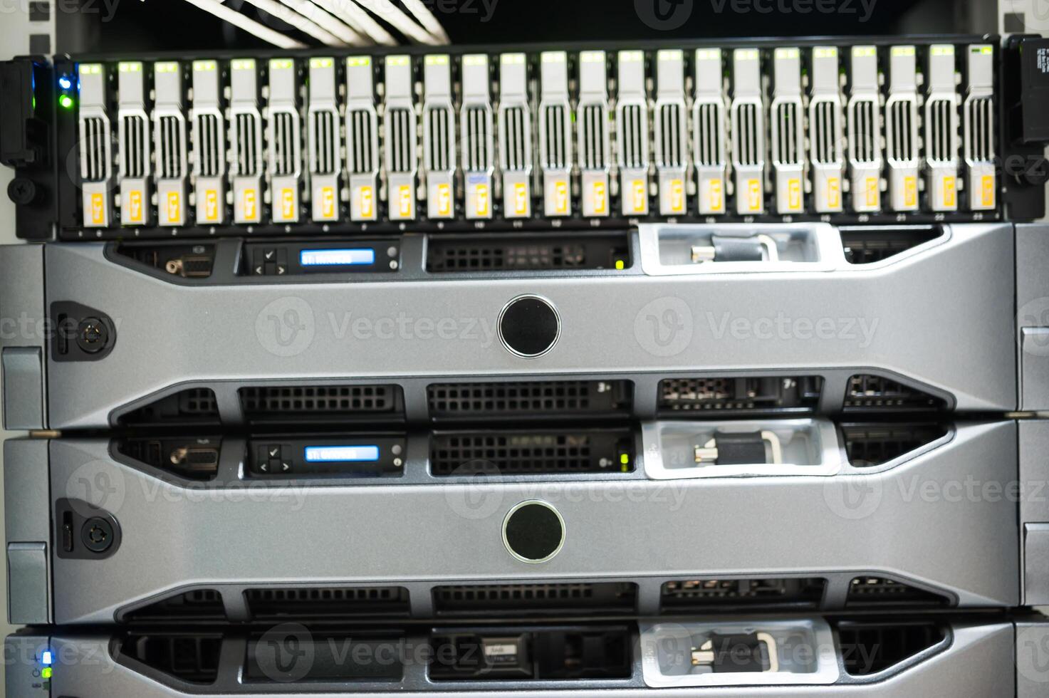A close up of a rack of servers photo