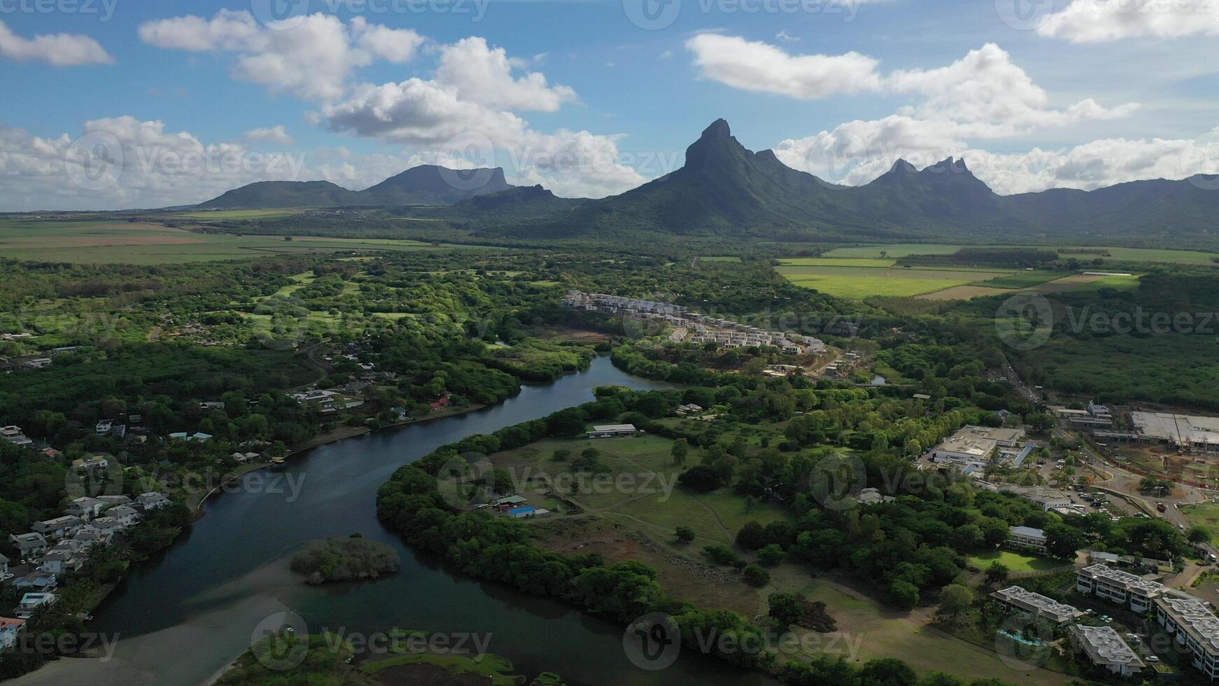 View From Height of Bird's Flight on the river Rempart and the mountain, Mauritius photo