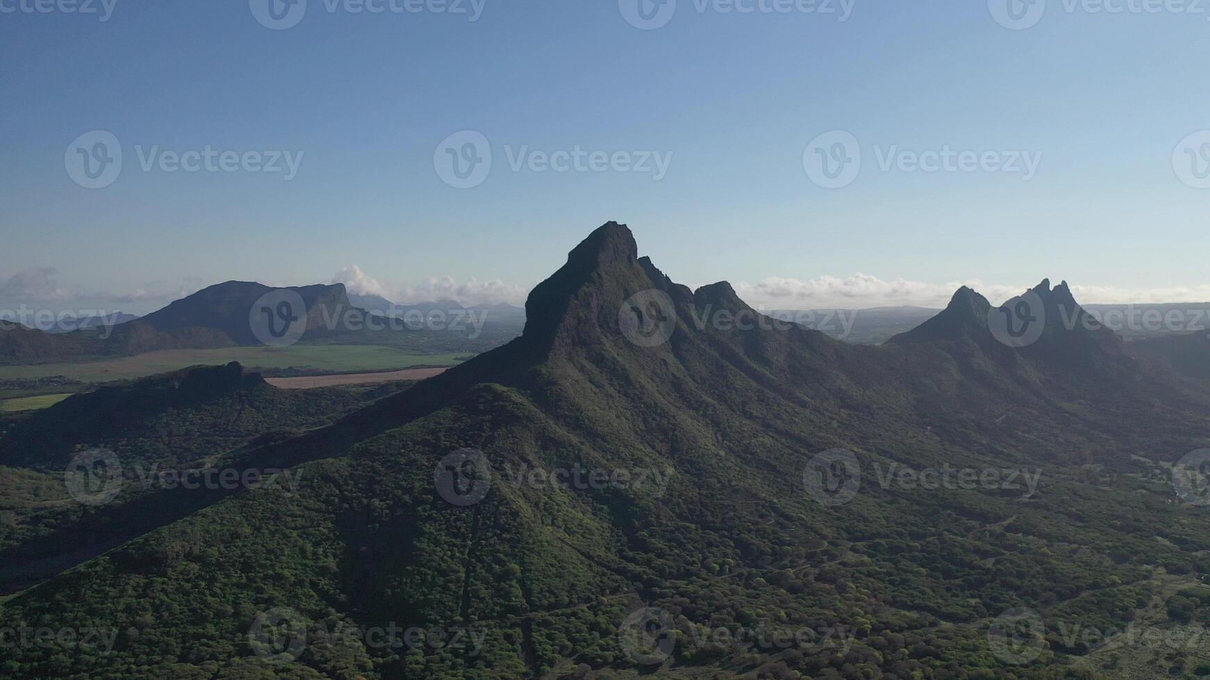 bird's eye view of mountain peaks and green jungles of Mauritius, Africa photo
