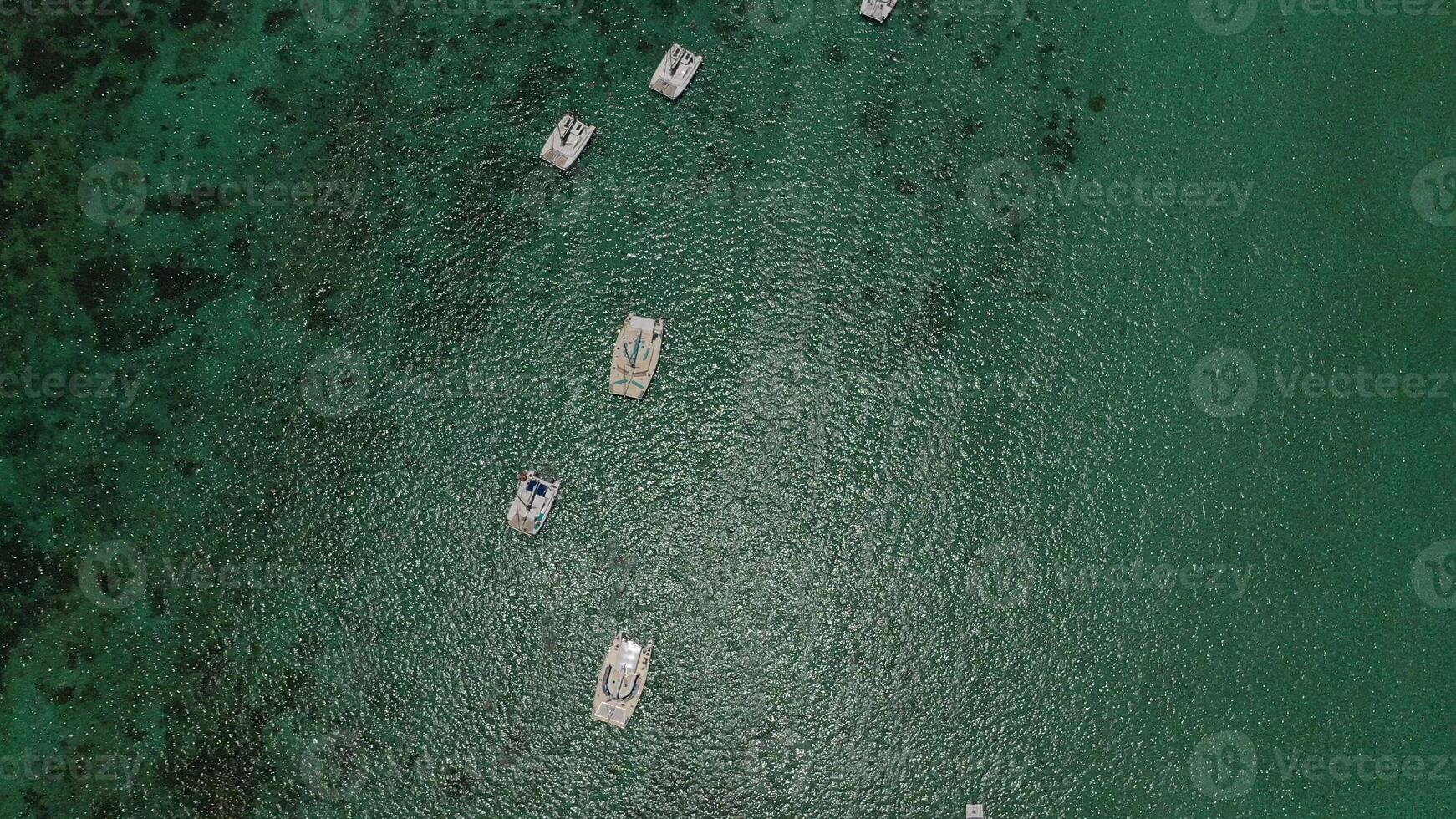 Top view of snow-white catamarans floating on the Indian ocean. Coral reef of the Indian ocean, Mauritius photo