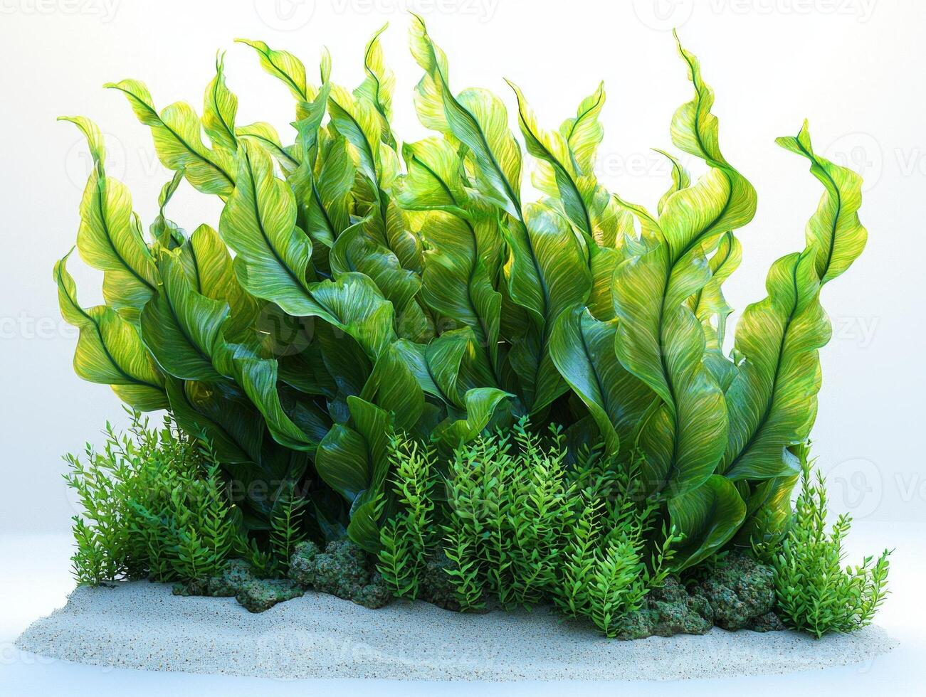 vibrant sinuous leaves Posidonia sinuosa captivate their undulating edges and intricate leaf venation while presenting striking contrast clean white backdrop. photo