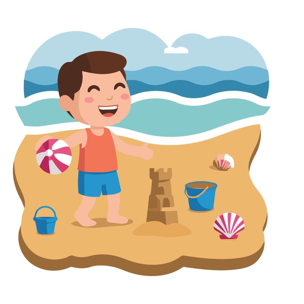 A boy playing with sand and toys on the beach vector