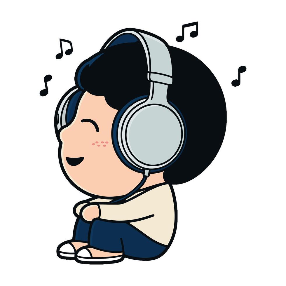A cartoon boy with headphones listening to music vector