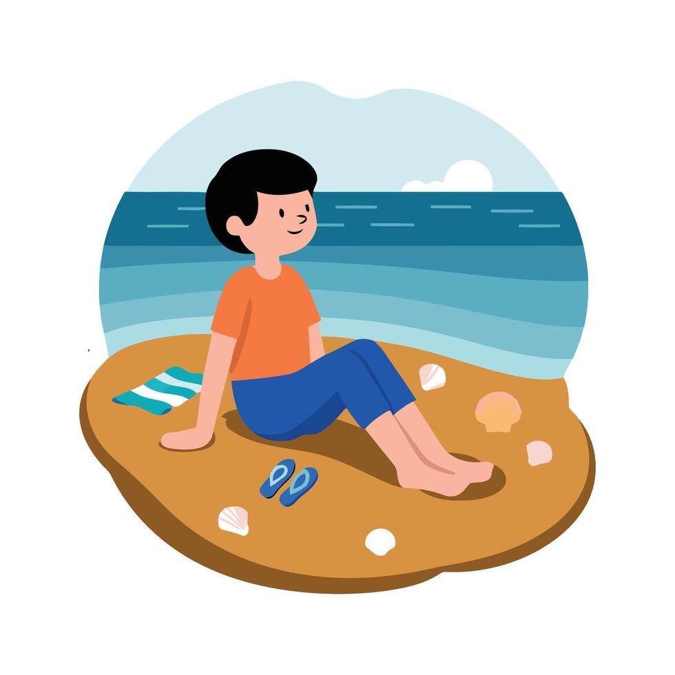 A boy sitting on the beach with a shell vector
