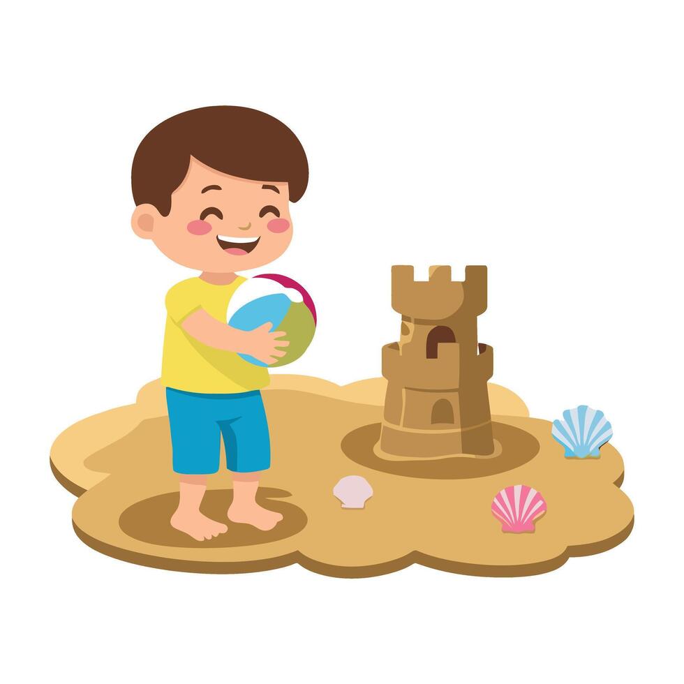 Boy playing with sand castle and ball illustration vector