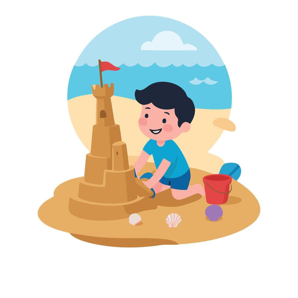 A boy is building a sand castle on the beach vector
