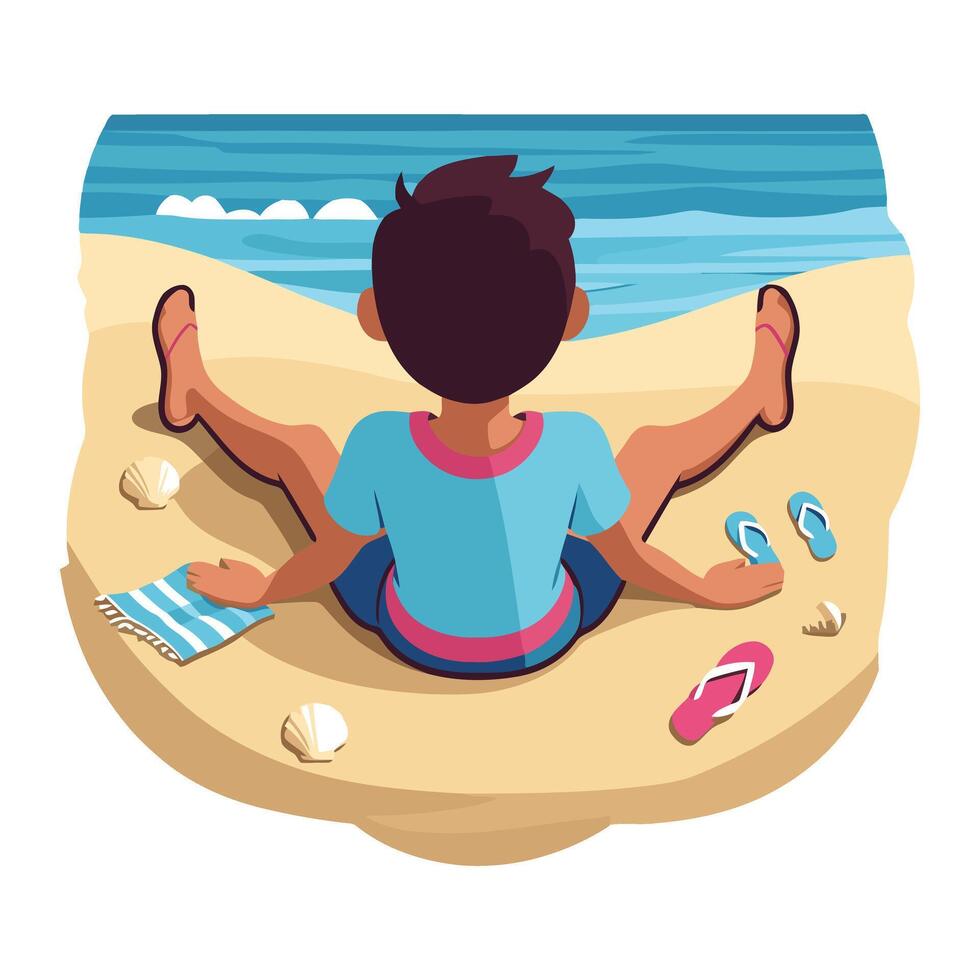 A boy sitting on the beach with his feet in the sand vector