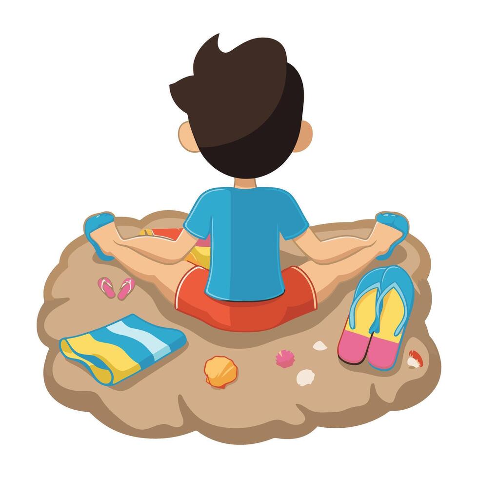 A boy sitting on the sand with his feet in the sand vector