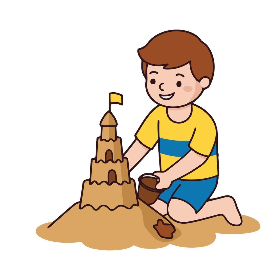 Boy playing with sand castle illustration vector