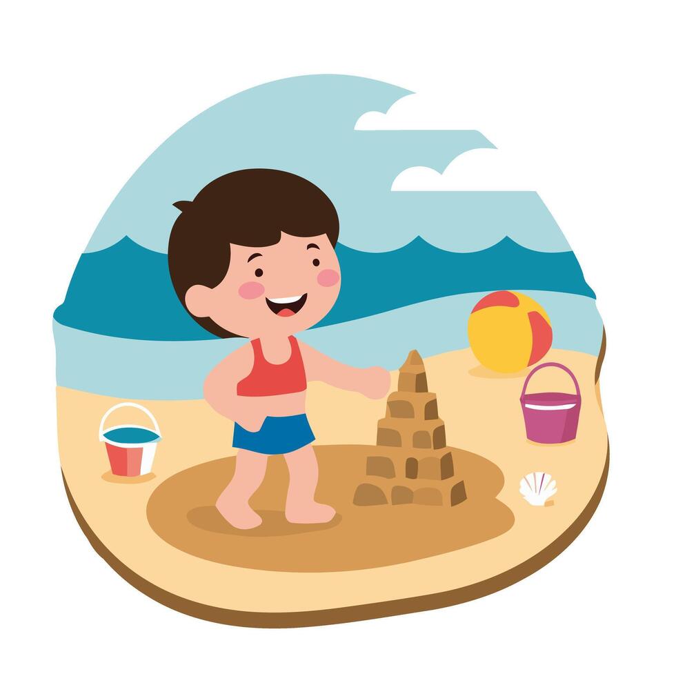 A boy playing with sand at the beach vector