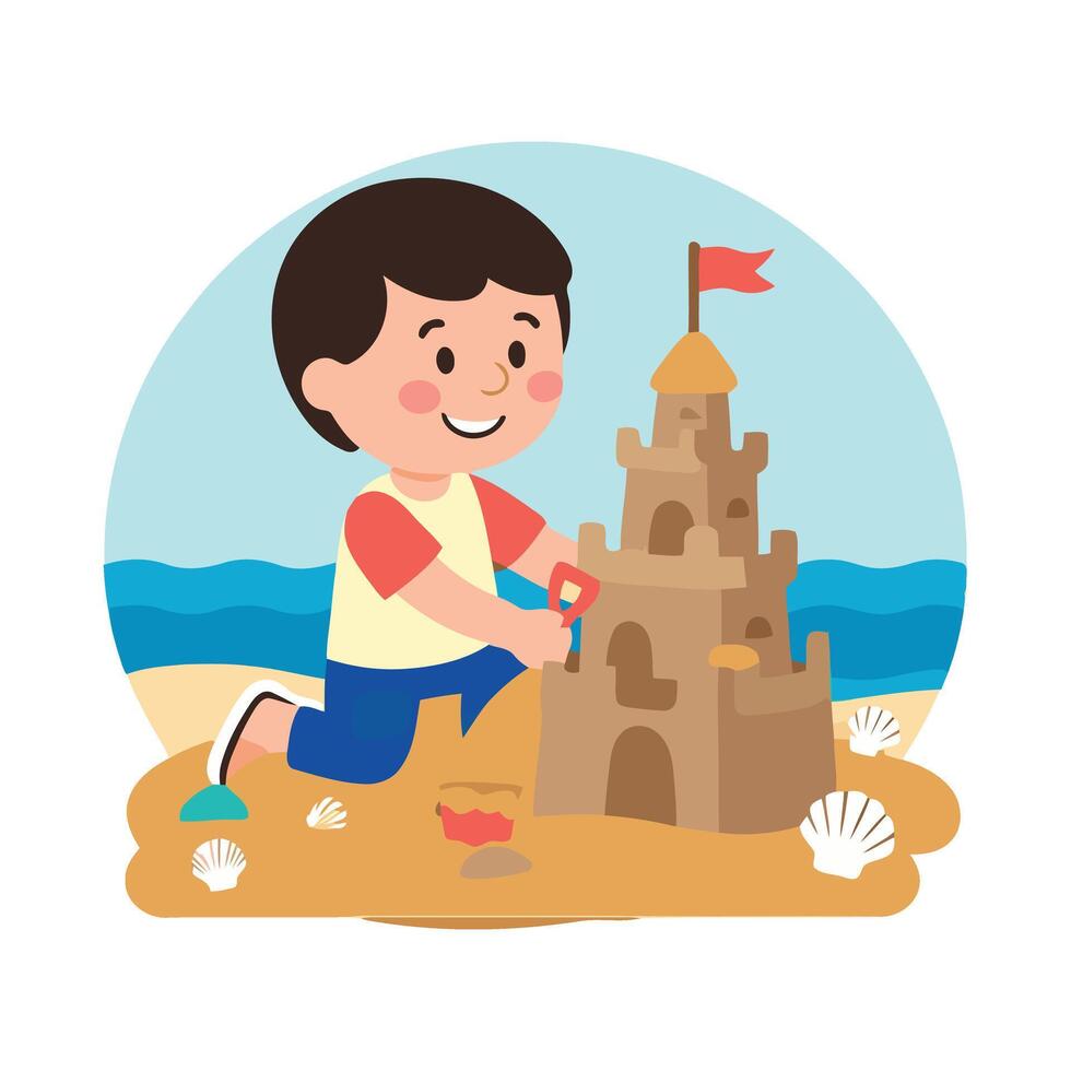 Boy building sand castle on beach illustration vector