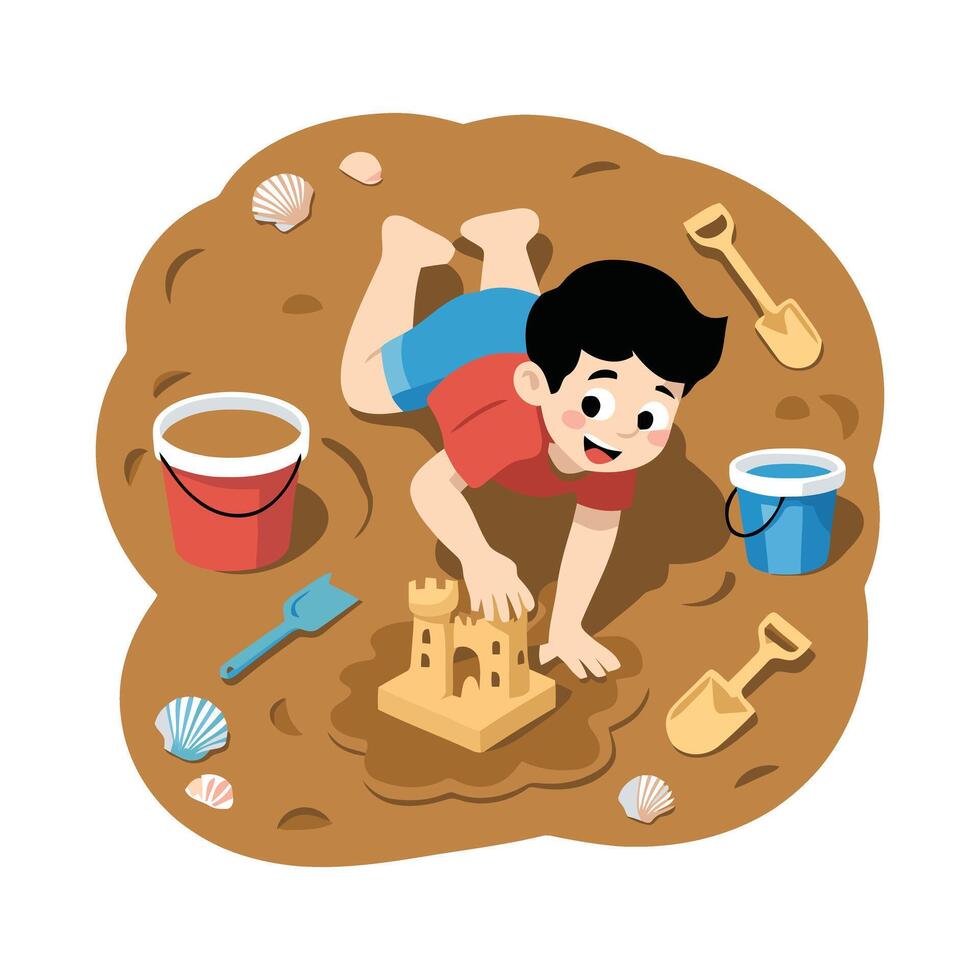 Boy playing in sand with sand toys vector