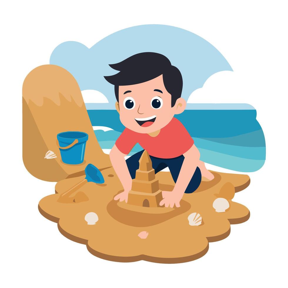 Boy playing with sand on the beach illustration vector