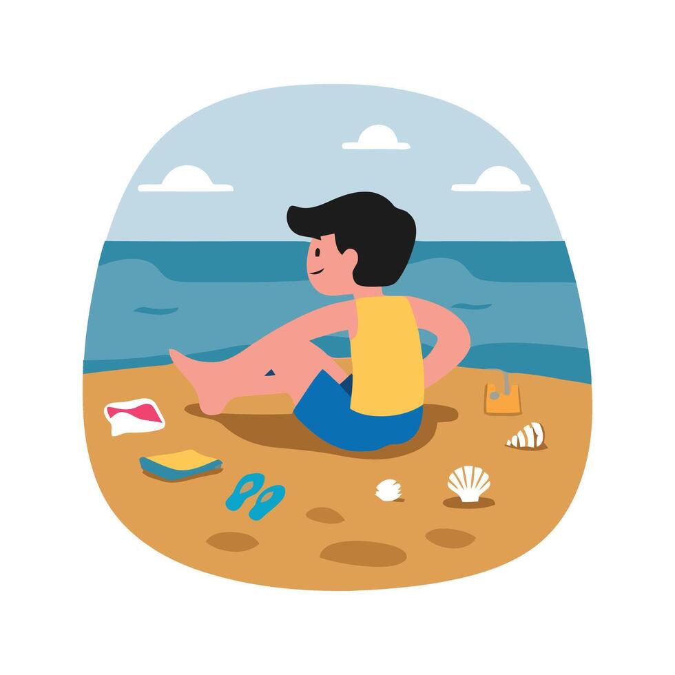 A boy sitting on the beach with a book and a beach towel vector