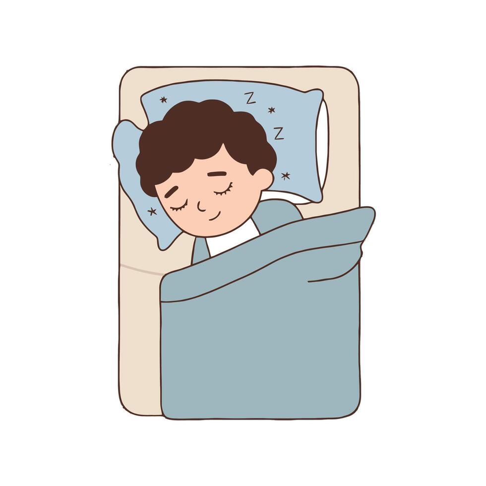 A cartoon boy sleeping in bed with blue sheets vector
