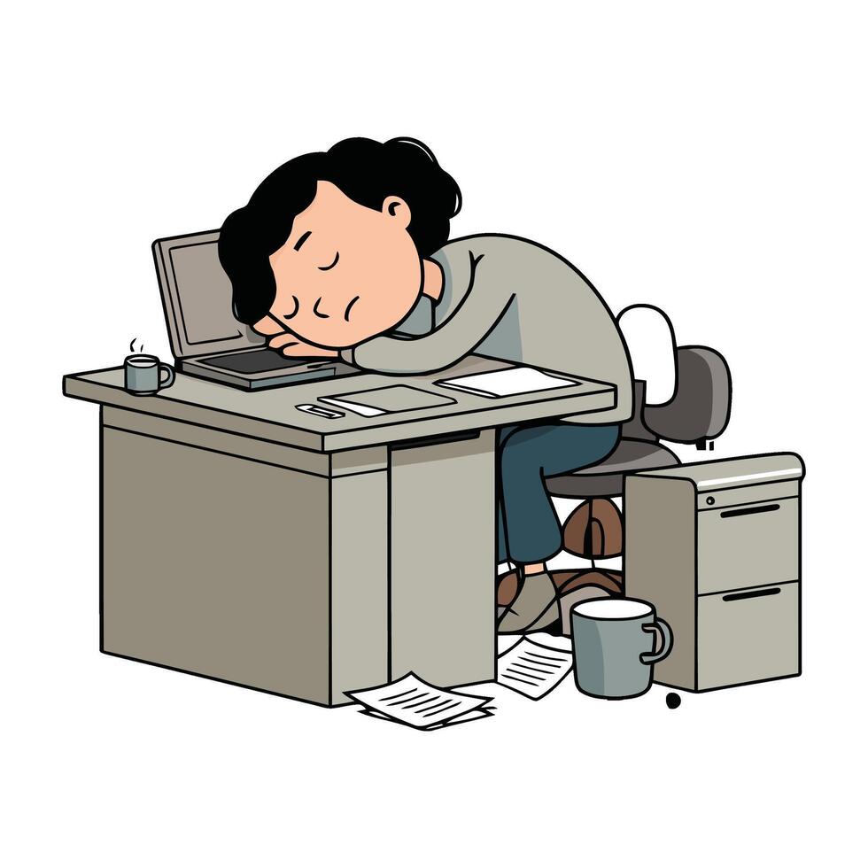 A cartoon man sleeping on his desk with a laptop vector