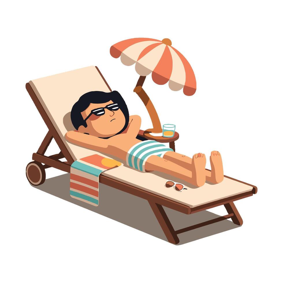 A cartoon man in sunglasses and swim trunks is laying on a chaise lounge vector