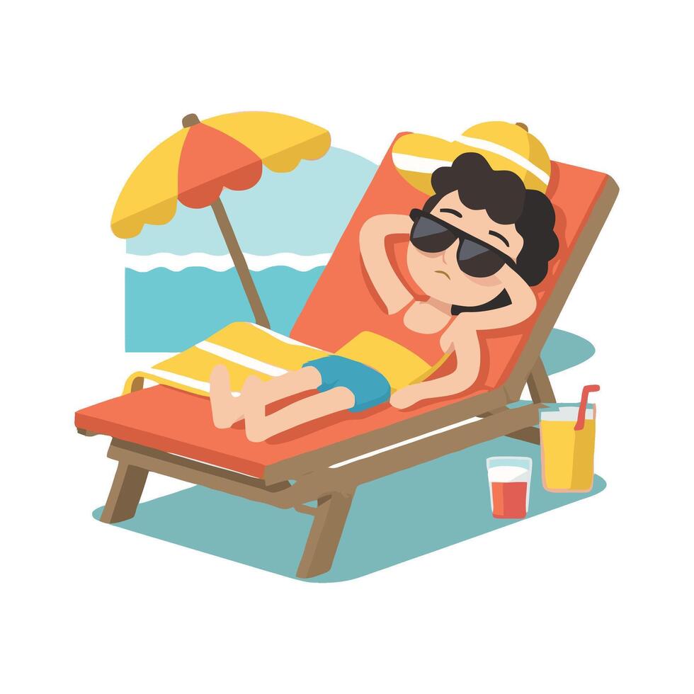 A cartoon man in sunglasses and a hat is lying on a beach chair vector