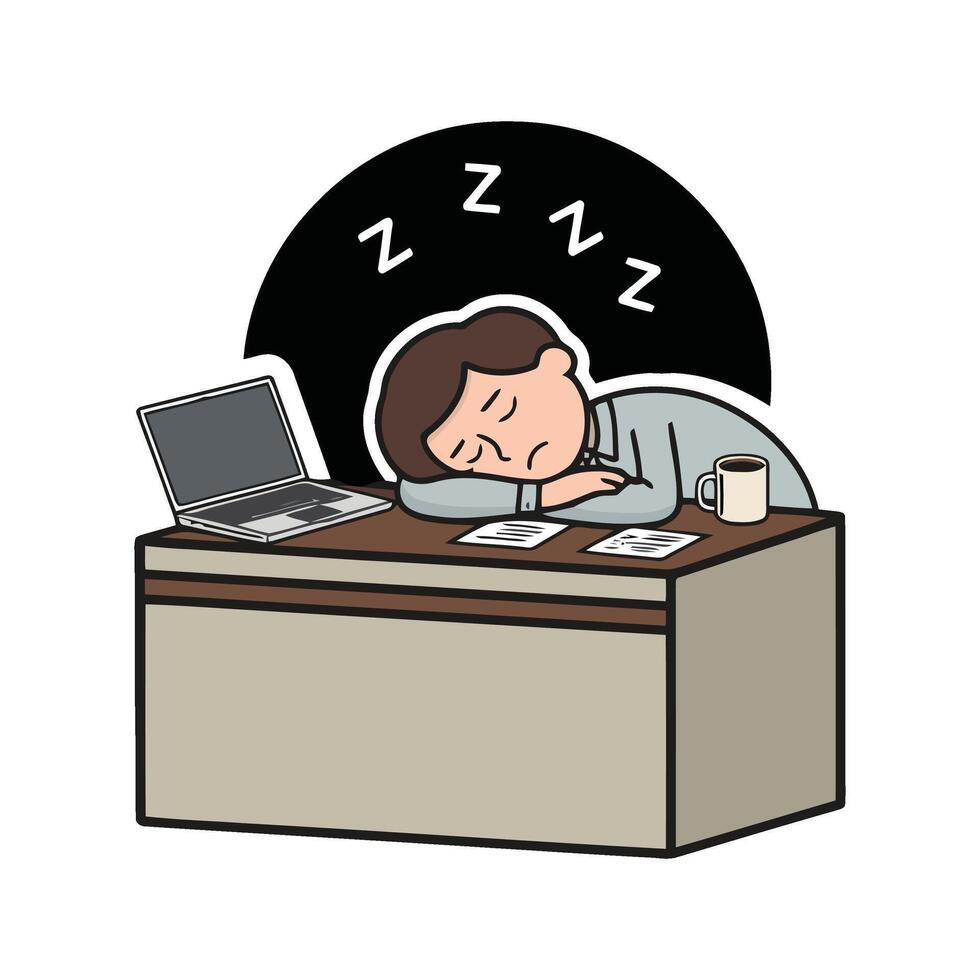 A cartoon man sleeping on a desk with a laptop vector