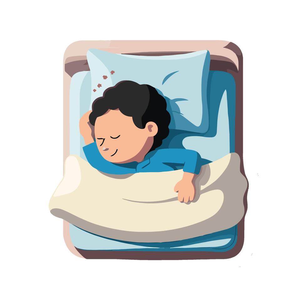 A cartoon boy sleeping in bed with his head on the pillow vector