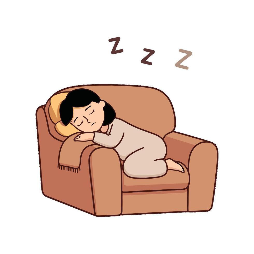 A woman sleeping on a couch with her head on the pillow vector