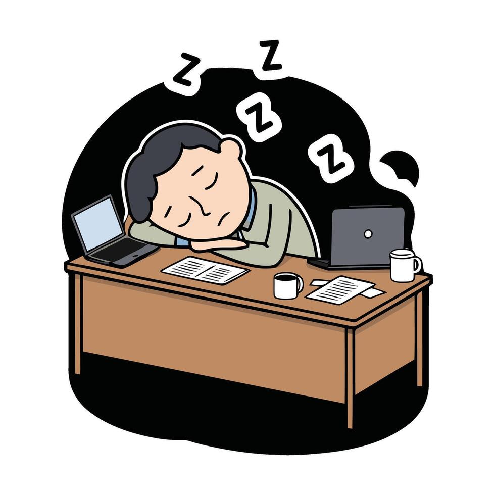 A cartoon man sleeping at his desk with his laptop vector
