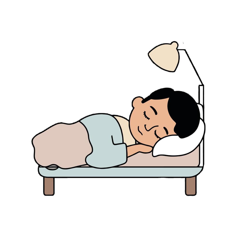 A cartoon boy sleeping in bed with a lamp vector