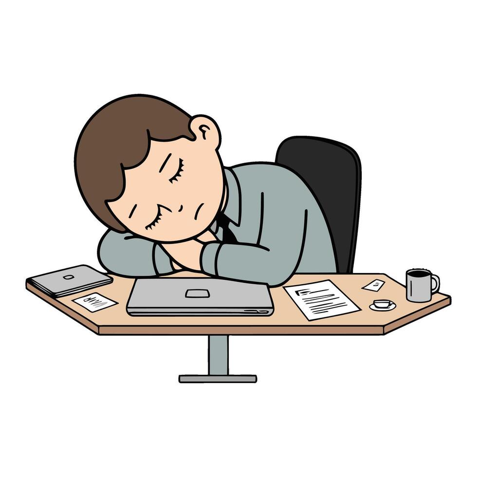 A cartoon man sleeping on his desk with his laptop vector