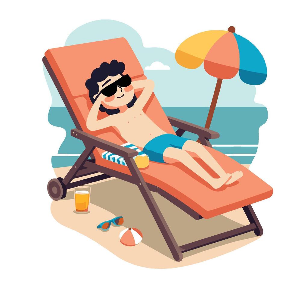 A man is relaxing on a beach chair vector