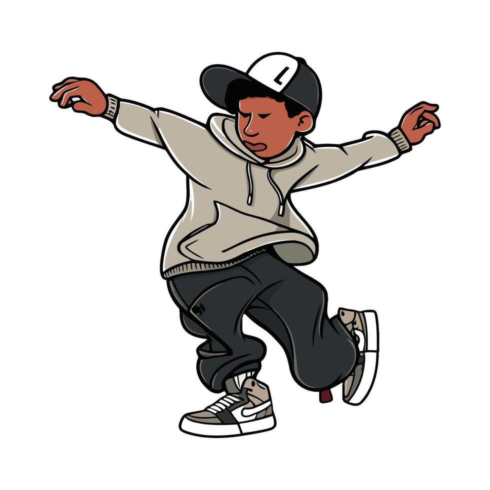 A cartoon boy in a hoodie and cap doing a skateboard trick vector