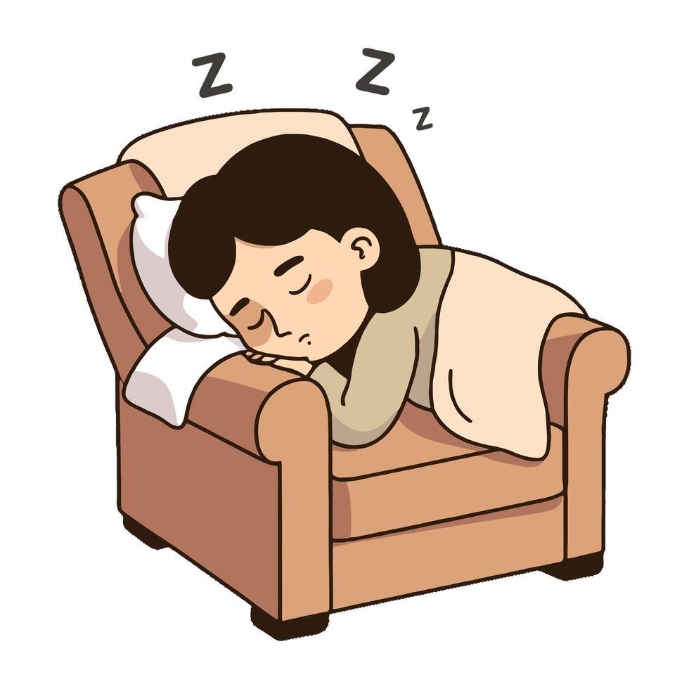 A woman sleeping on a couch with her head on the pillow vector