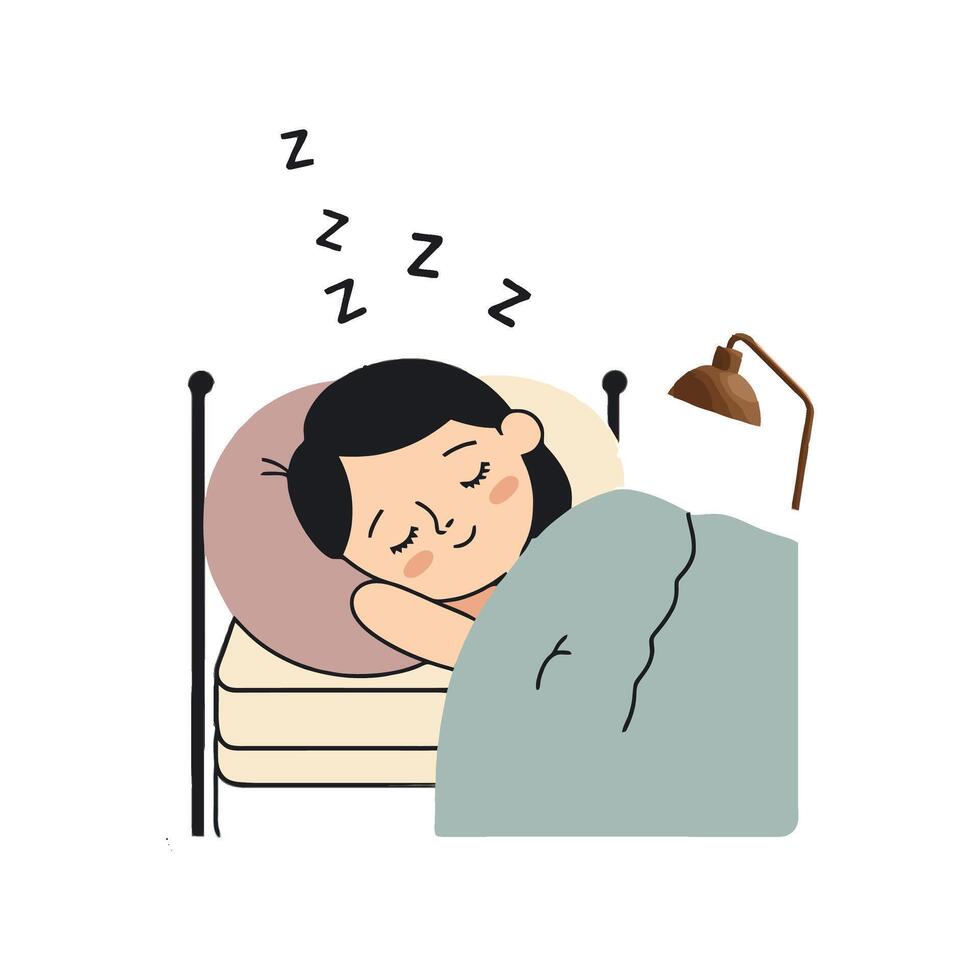 A cartoon woman sleeping in bed with her head on the pillow vector