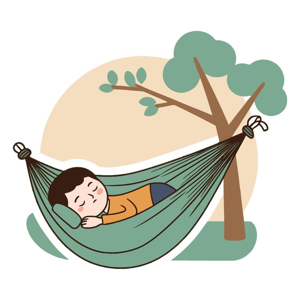 A boy sleeping in a hammock with trees in the background vector