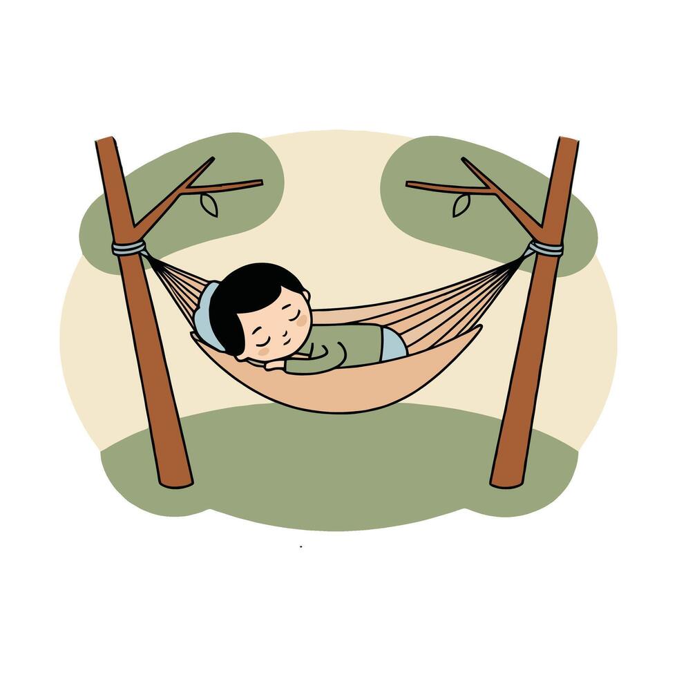 A cartoon boy sleeping in a hammock vector
