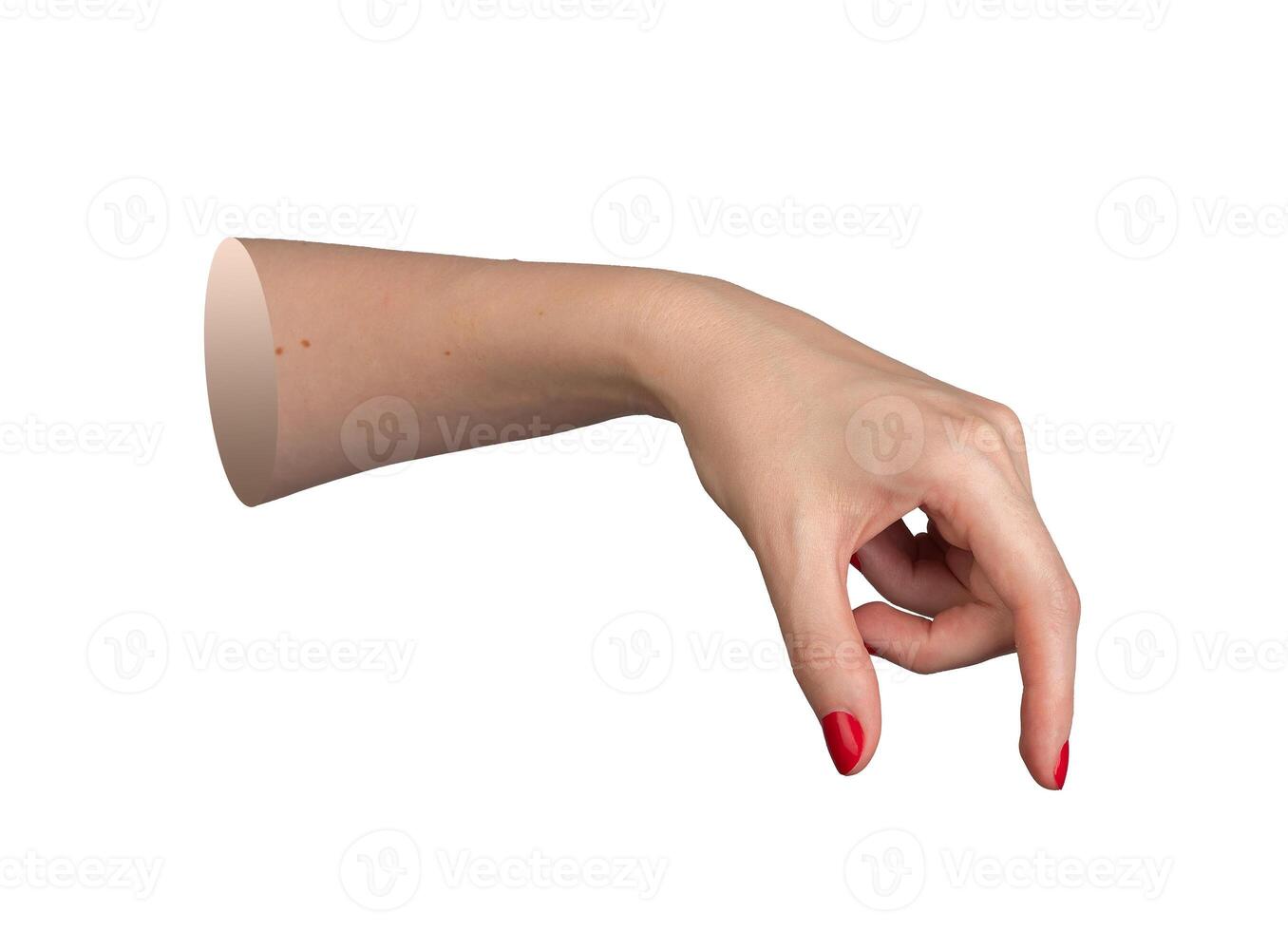 Female hand with red polished nails, holding or indicating an invisible object between thumb and photo