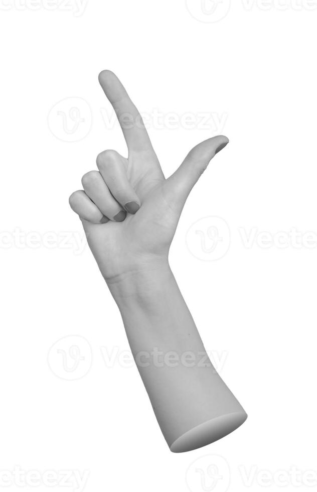 hand with the index finger pointing upward and the thumb extended outwards, creating an L shape, photo