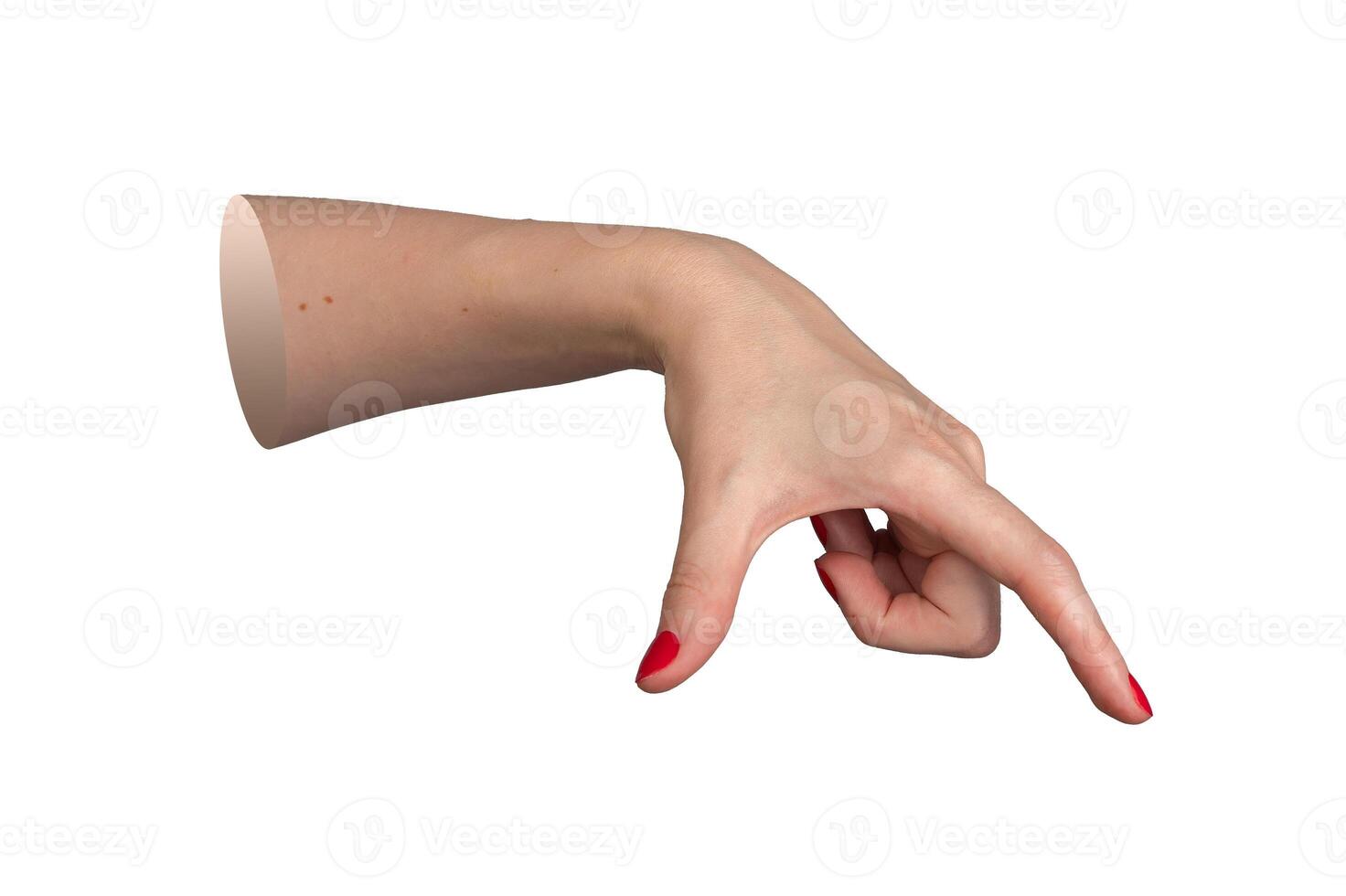 Female hand with red polished nails holding or indicating a large invisible object between thumb and photo