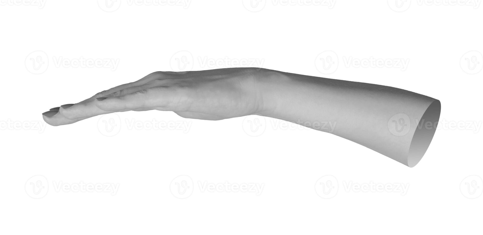 female hand in a flat position, extended horizontally with fingers together, palm facing downward. photo