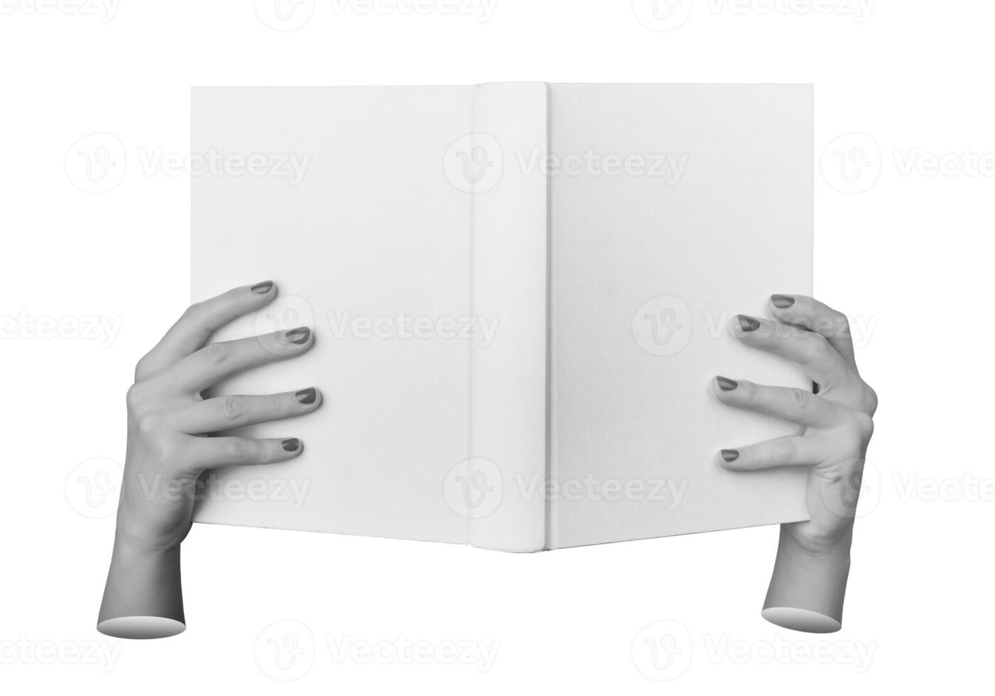 Hardcover book held by female hand, front view, isolated. Blank cover, clean template for mockup photo