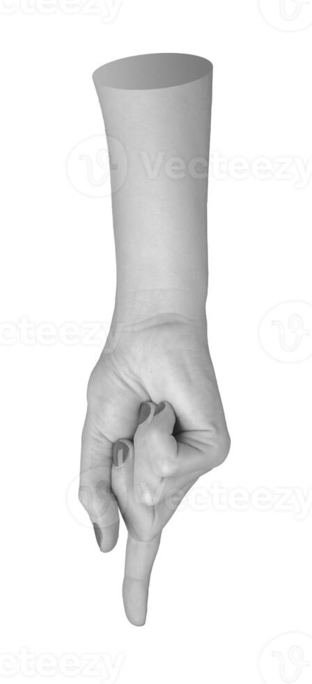 Female hand reaching out, isolated on white background. Outstretched arm presenting a gesture, photo
