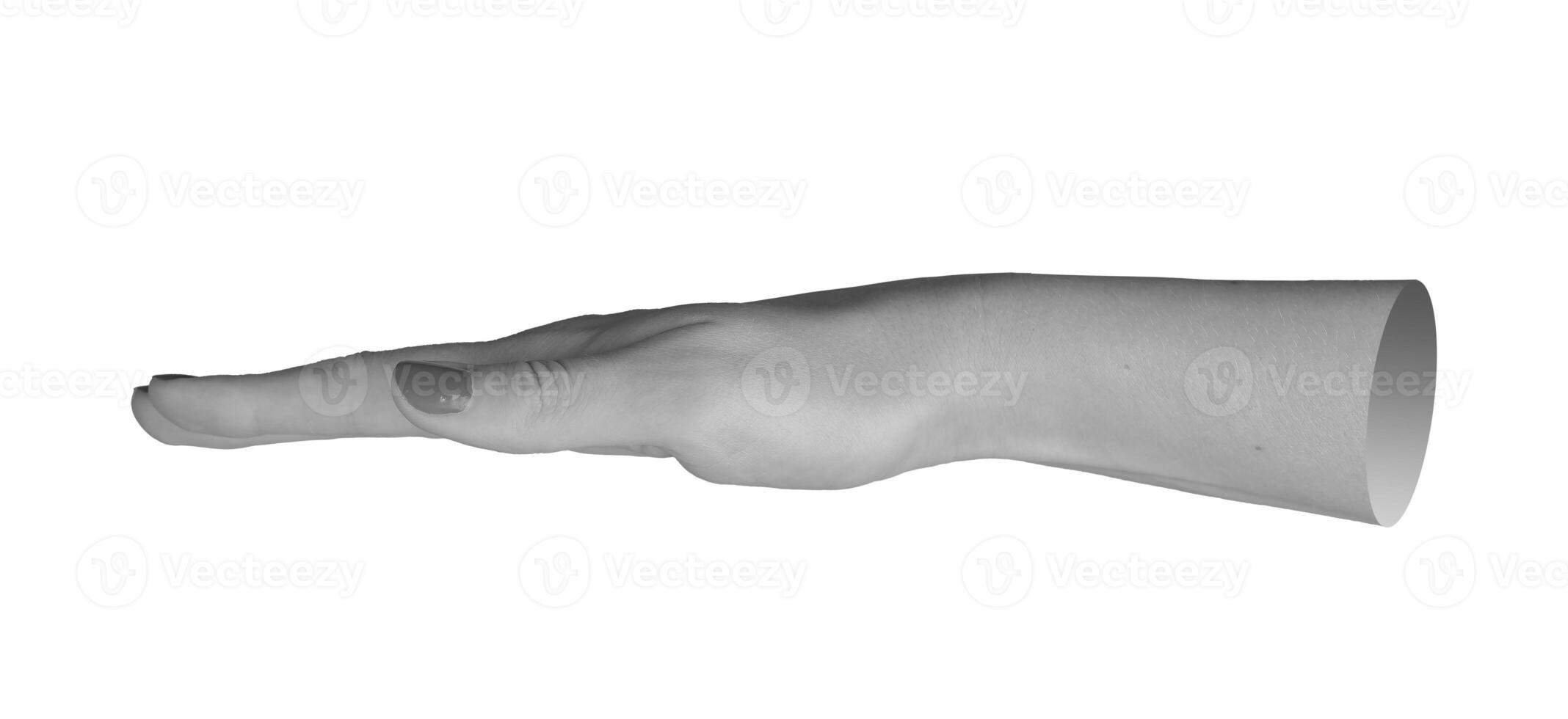female hand, fingers indicating a level or limitation. Isolated on a white background, the grayscale photo
