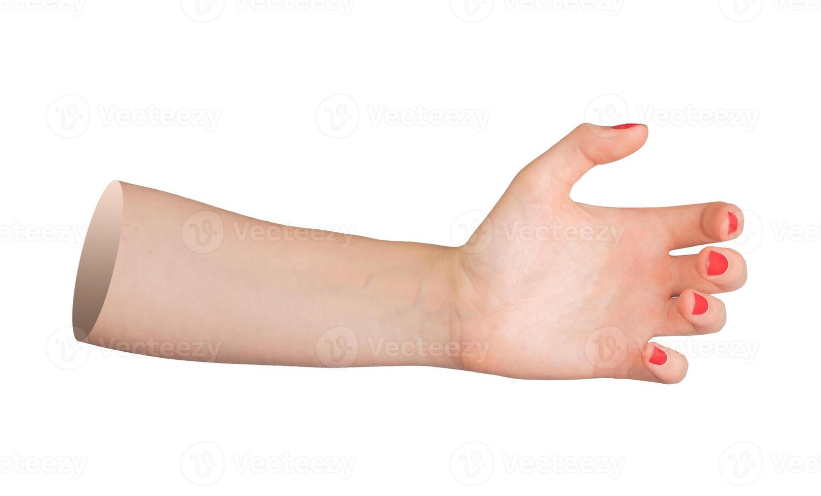Open female hand in reaching pose, palmar view, fingers delicately outstretched with red polish, photo