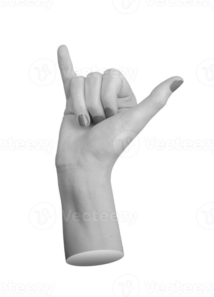 female hand making the shaka or surfer s sign, with the thumb and pinky finger extended while the photo