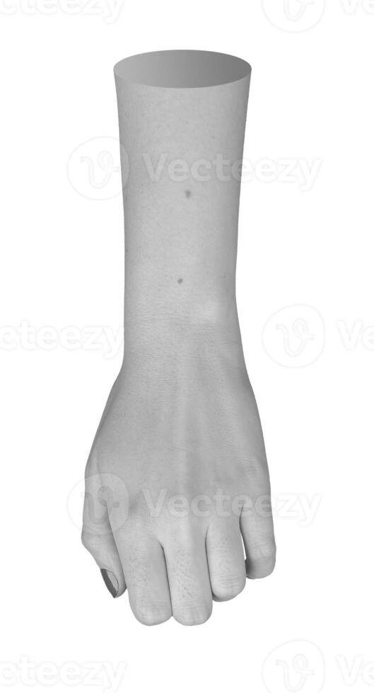 Grayscale female fist, isolated and closed, with bent wrist in monochrome. Dorsal view of hand and photo
