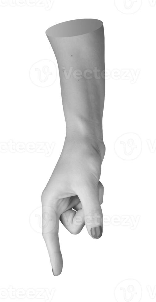 Outstretched female hand, isolated on white background. Arm showing interaction, pointing and photo