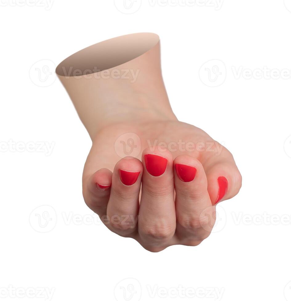 Female hand in front view. Loosely closed, curled fingers with red polish, gently cupped as if photo