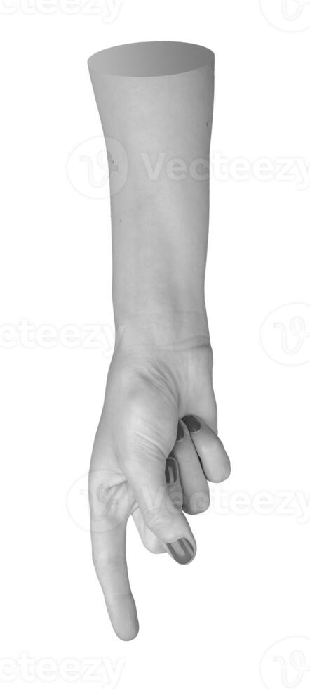 Female hand presenting a gesture, isolated on white background. Outstretched arm showing movement, photo