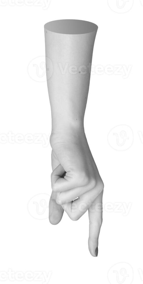 Isolated female hand with index finger extended in a clicking or pointing gesture, closeup on a photo